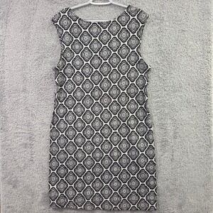 Boden Shift Dress Women's 10R Black White Geometric Medallion Mod V-Back Cotton